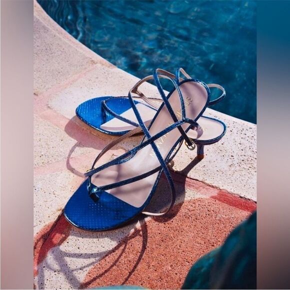 STUART WEITZMAN Heel Sandals Jimena Blue Metallic Sz 8 Thong Ankle Strap Kitten - Picture 1 of 15